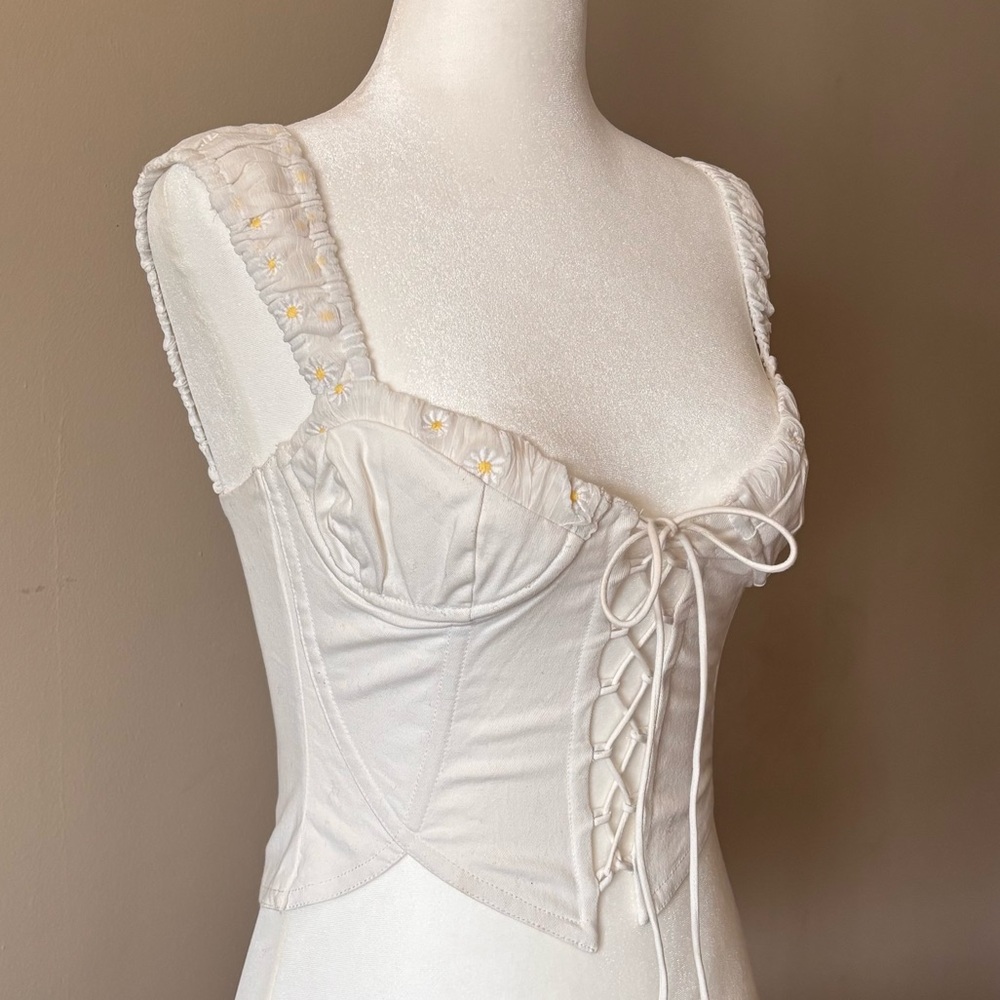 For Love And Lemons White Cotton Corset Blouse with Daisy Embroidery